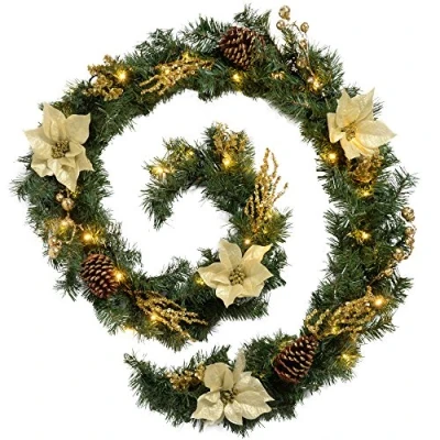 Image of WeRChristmas Pre Lit Decorated Garland Illuminated with 40 Cold White LED Lights, 9 feet Gold/Cream
