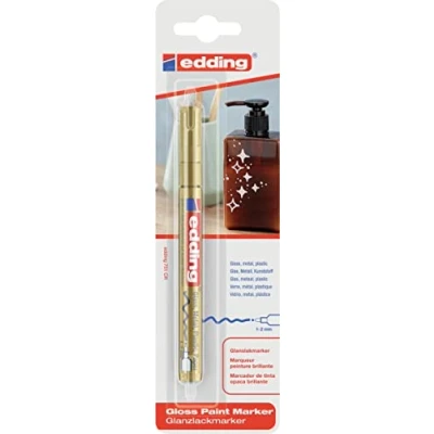 Image of edding 751 gloss paint marker gold pack of 1 round nib 2 mm pen for glass, pebbles, wood, plastic, paper waterproof, high coverage