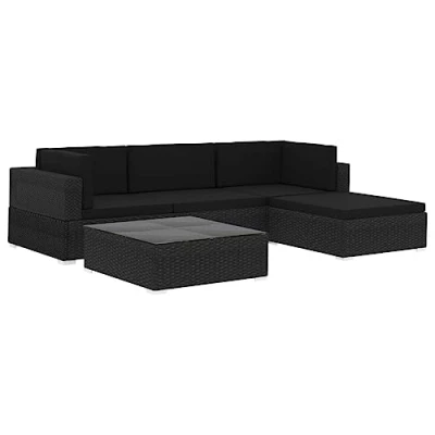 Image of vidaXL Garden Lounge Set 5 Piece with Cushions in Poly Rattan Black, Outdoor/Patio Furniture Corner Sofas and Ottoman