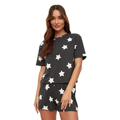 Image of Trendyol Women&#039;s Geometric Pattern Middle Knit T Shirt Short Pajama Set, Colorful, L (Pack of 2)