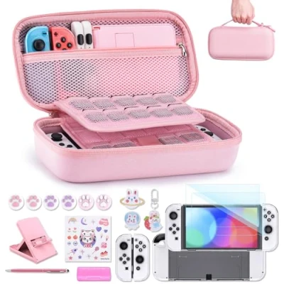 Image of Switch OLED Accessories Bundle innoAura 18 in 1 with NS Case, Game Screen Protector, Stand, Thumb Grips (Pink)