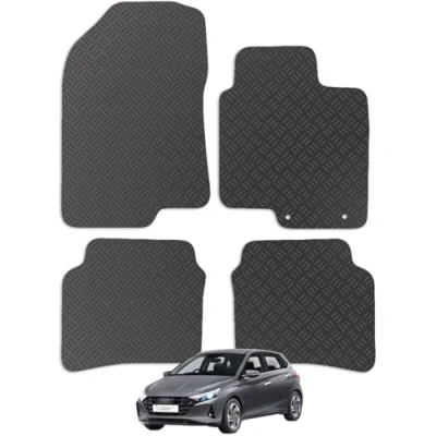 Image of Carsio Rubber Car Mats For Hyundai i20 2020+ Onwards Tailored Fit Floor Mat Set Complete Accessory Black Custom Fitted All Weather &amp; Heavy Duty, Anti Slip Backing with Clips