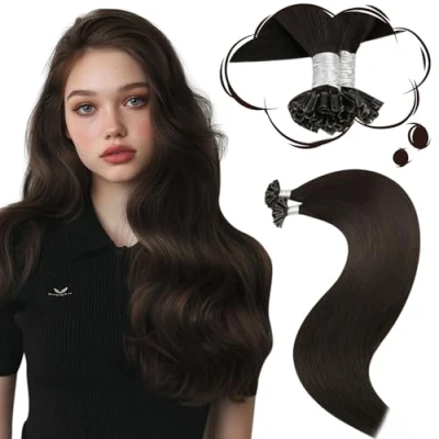Image of Moresoo U Tip Hair Extensions Real Human 1g/s 18 Inch Darkest Brown Pre Bonded Keratin Fusion Remy 50g/Pack #2