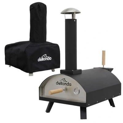 Image of Dellonda Portable Wood Fired Pizza Oven and Smoking Oven, Black/Stainless Steel, Supplied with Weatherproof Cover/Carry Bag DG218