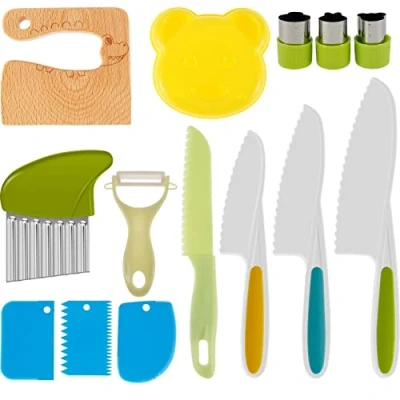 Image of 14Pcs Kitchen Safety Knives for Kids, Children&#039;s Cooking with Wood Toddler Safe Cutters Potato Slicers Grater and Serrated Edges Cutters, Plastic Kids Cutting Knife Set Fruit Bread