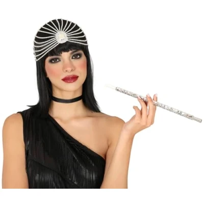 Image of FIESTAS GUIRCA Silver Sequinned Charleston Cigarette Holder (11.8 in) Fancy Dress Accessory for 1920s Parties and Themed Celebrations Ideal Adult Women
