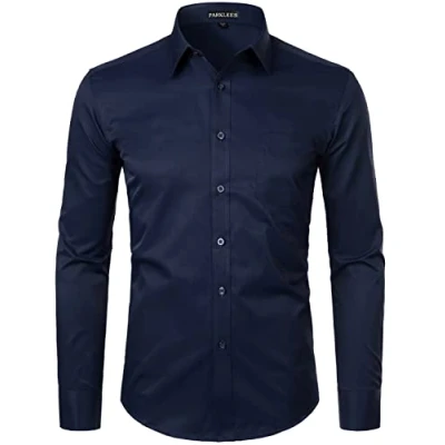 Image of PARKLEES Men&#039;s Long Sleeve Dress Shirt Solid Slim Fit Casual Business Formal Button Up Shirts with Pocket Navy XXL