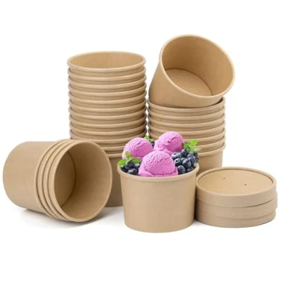 Image of BUOKKON 12 oz 25 Pack Paper Cups, Brown Kraft Soup Disposable Cups Containers with Vented Lids, Bowls Takeaway Tubs for Ice Cream Dessert