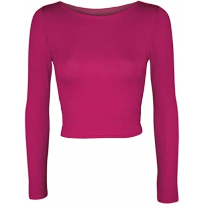 Image of Womens Crop Long Sleeve T Shirt Ladies Short Plain Round Neck Top Fitness Workout Running Shirts Cropped Tops (Cerise UK 12 14)
