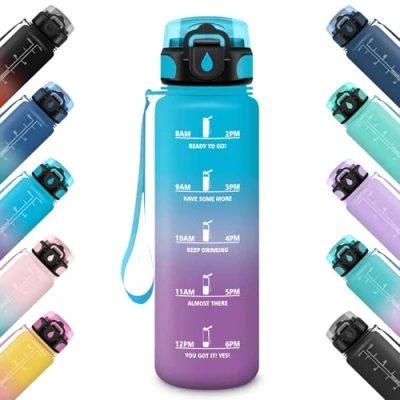 Image of HoneyHolly Sports Water Bottle, Leak Proof 1 Litre, Time Marking and Motivational, Suitable for Carbonated Drinks, Drinking Bottles with Filter, Bicycle, Outdoor, Yoga, Gym, Fitness