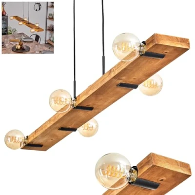 Image of Schanis Pendant Light, Modern Hanging lamp Made of Wood/Metal in Natural/Black, Design max. Height 150 cm, 5 x E27, Without Bulbs