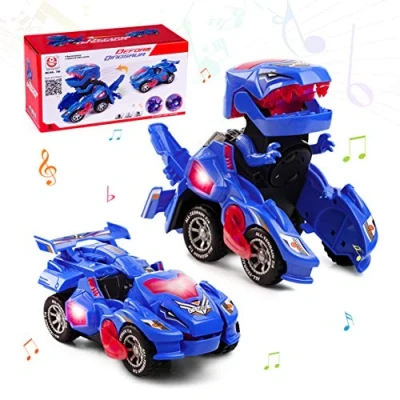Image of Highttoy Transforming Dinosaur Toys for Boys Age 3 7,Automatic Car with Flashing Lights and Music Electric Transformable Dino Toy Gifts Kids Blue