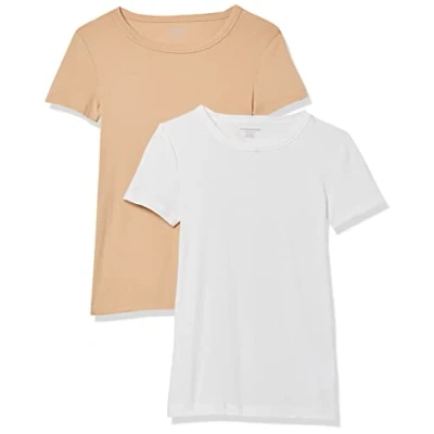 Image of Amazon Essentials Women&#039;s Slim Fit Short Sleeve Crewneck T Shirt, Pack of 2, White/Light Camel, XXL