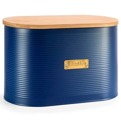 Image of EHC Space Saving Extra Large Bread Box Bin With Wooden Lid, For Kitchen Countertop Storage, Navy Blue, 8 L, 34 x 19.5 20.5 cm