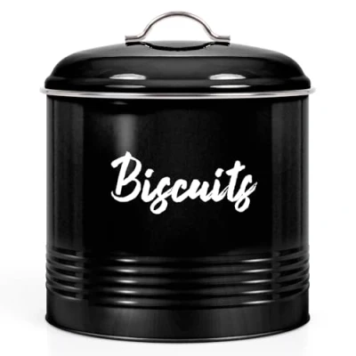 Image of EHC Round Biscuit Cookie Tin Black, Kitchen Food Barrel Storage Box, Airtight Lids Easy to Open for Biscuit, Cookies Jars, 3 Litres