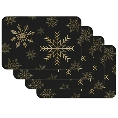Image of Venilia Set of 4 Snowflakes Gold Black Placemats for Dining Room, Plate Coasters, Christmas Table Decoration, Placemats, Wipe Clean, Food Safe, 45 x 30 cm