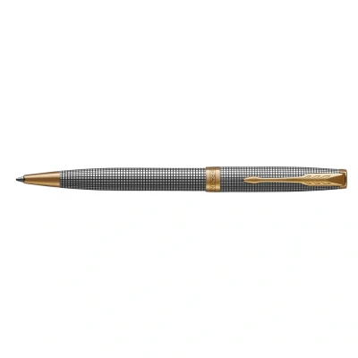 Image of Parker Sonnet Ballpoint Pen Chiselled Silver with Gold Trim Medium Point Black Ink Gift Box