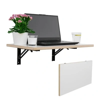 Image of CAWI Sturdy Solid Wood Wall Folding Table: Space Saving, Foldable Kitchen Table and Floating Desk, Laminated MDF