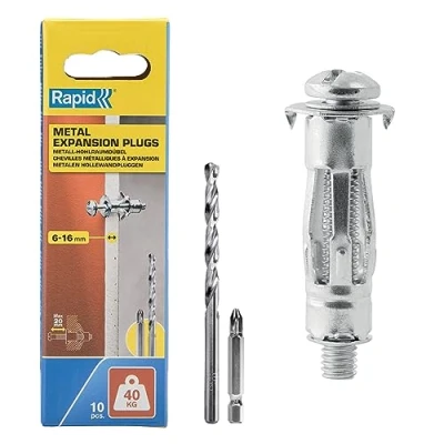 Image of Rapid Hollow Wall Anchors, Pack of 10 Heavy Duty Metal Plasterboard Fixings for 6 16 mm Thickness, 40 kg Load, Cavity Fixings, Plugs, &amp; Chipboard Plugs (5001549)