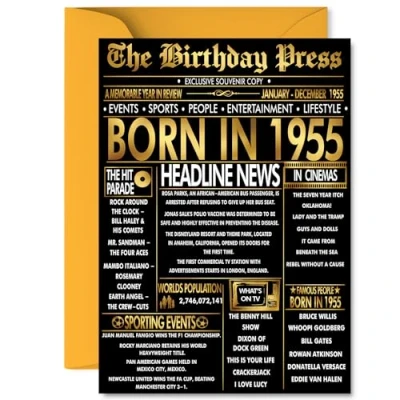 Image of Gold 70th Birthday Card for Men Women Black &amp; Golden Newspaper Born in 1955 Happy 70 Cards Cousin Uncle Nanny Husband Wife Grandad, A5 Bday Greeting