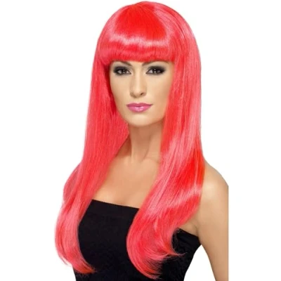 Image of Smiffys Babelicious Wig, Neon Pink Long, Straight with Fringe, Ladies Glamour Wigs Fancy Dress, Adult Dress Up