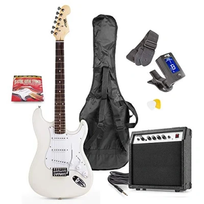 Image of Max Gigkit White Beginner Electric Guitar Kit Complete Starter Pack with 6 Months Free Lessons, Amplifier, Strap, and Accessories Ideal Guitars Set for New Players