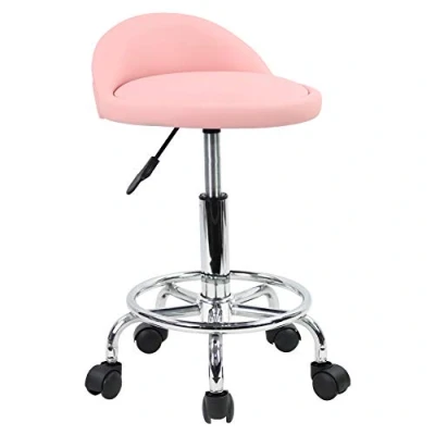 Image of KKTONER PU Leather Round Rolling Stool with Foot Rest Height Adjustable Swivel Drafting Work SPA Task Chair Wheels (Pink)