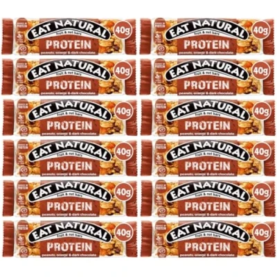 Image of Eat Natural Fruit and Nut bars protein Full case Flavours 12x40g Vegan gluten free, source of fibre, yoghurt coating, berries, peanut (Protein Peanuts, Orange &amp; Dark Chocolate)