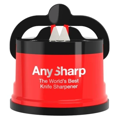 Image of AnySharp Knife Sharpener Hands Free Safety, PowerGrip Suction Safely Sharpens All Kitchen Knives Ideal for Hardened Steel &amp; Serrated World&#039;s Best Compact, One Size Red