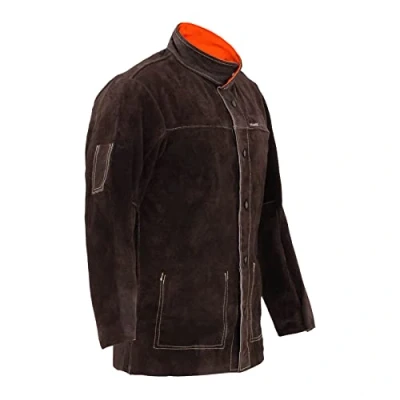 Image of Stamos Welding Protective Gear Jacket SWJ01M (Size M, Split Cowhide Leather, Flame Retardant, Synthetic Thread, Non Conductive Push Buttons) Dark Green