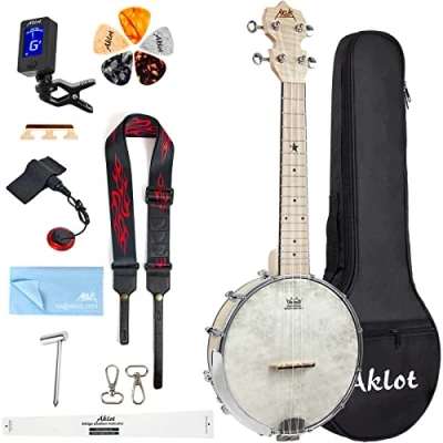 Image of Banjo Ukulele, AKLOT Concert 23 inch Remo Drumhead Open Back Maple Body 15:1 Advanced Tuner with Two Way Truss Rod Gig Bag String Strap Picks