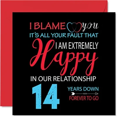 Image of Funny 14th Anniversary Card for Husband Wife Your Fault I&#039;m Extremely Happy Wedding Partner, 145mm x Greeting Cards Fourteenth Anniversaries