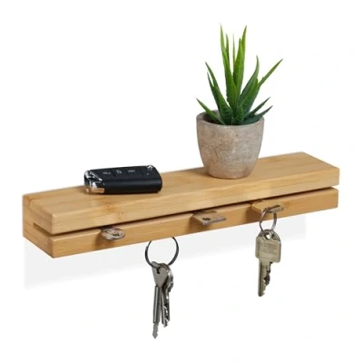 Image of Relaxdays Magnetic Key Holder, Bamboo Rack with Shelf, W: 29.5 cm, Wall Mounted Storage, Hallway &amp; Entrance, Natural
