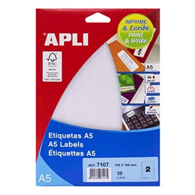 Image of APLI 7107 A5 White Labels 105 x 148 mm 15 Sheets