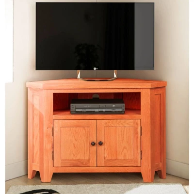 Image of Hallowood Furniture Cotswold Oak 2 Doors Corner TV Unit with 1 Shelf in Medium Oak, Wooden Unit, Stand Cabinet, Table, for Living Room &amp; Bedroom
