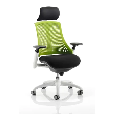 Image of Flex Task Operator Chair White Frame Black Fabric Seat with Headrest Green Back
