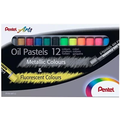 Image of Pentel Fluorescent and Metallic Oil Pastels Set of 12 Assorted Colours, PHN MF12