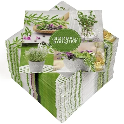 Image of HEKU 100 napkins, 3 ply, 33 x cm, absorbent and practical packaging, made in Europe, ideal for weddings, anniversaries special occasions, herbs
