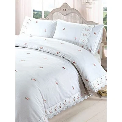 Image of Rapport Home Sophie Duvet Quilt Cover Floral Lace Trim Embroidered Bed Set, Polyester Cotton, White, King, 230 x 220 1 cm
