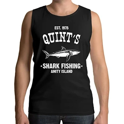 Image of Mens Quints Fishing Shark Jaws Inspired Amity Cult Movie Vest Tank Top Black (XXL)