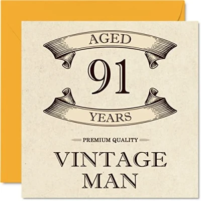 Image of Vintage 91st Birthday Cards for Men Aged 91 Years Fun Card Grandpa Dad Husband Uncle Brother Grandad, 145mm x Greeting Cards,