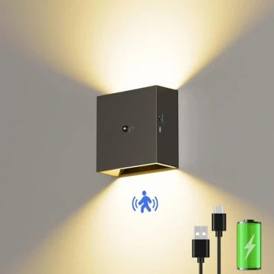 Image of Suright LED Wall Light with Motion Sensor, Rechargeable Lamp 3 Lighting Modes (AUTO/Off/ON), 3000K Warm White Battery Operated Lights for Living Room, Bedroom, Stairs, Hallway, Black