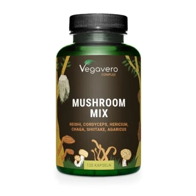 Image of Vegavero Mushroom Complex High Strength Extracts Reishi, Cordyceps, Chaga, Lions Mane, Shiitake &amp; Agaricus NO Additives 120 Capsules Vegan
