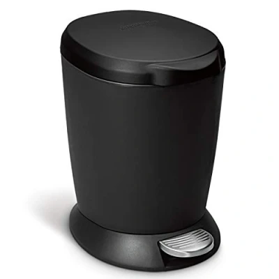 Image of simplehuman CW1319 6L Round Pedal Bin, Small Bin for Bathroom Bedroom Office, Strong Steel Pedal, Inner Bucket, Black Plastic
