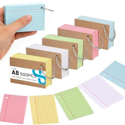 Image of Koogel A8 Small Revision Cards, 500PCS Index Cards Flash 75x45mm Flashcards Assorted Colours Record On a Ring for Study Office NotePads School Learning Memo