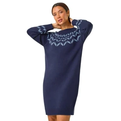 Image of Roman Thick Jumper Dress for Women UK Ladies Knitted Knit Sweater Long Longline Knitwear Autumn Winter Holiday Round Neck Sleeve Soft Knee Length Sweat Warm Navy Blue Size 18
