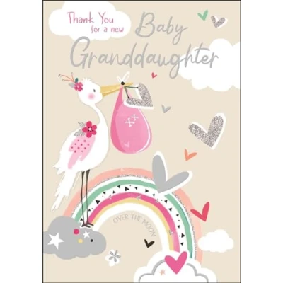Image of New Baby Granddaughter Thank You Card Over the Moon Stork and Love Hearts Design Special Finishes Illustrated Insert Leaf Made in UK
