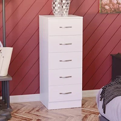 Image of Vida Designs 5 Drawer Narrow Chest Tall Bedroom Storage Unit Sliding Drawers Furniture (White)