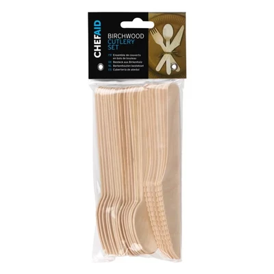 Image of Chef Aid Wooden Cutlery 24 Piece Set Forks, Knives And Spoons, Sustainable Birchwood for Picnics, Parties, Weddings, more Biodegradable Compostable, Sturdy, Durable, Chemical Free