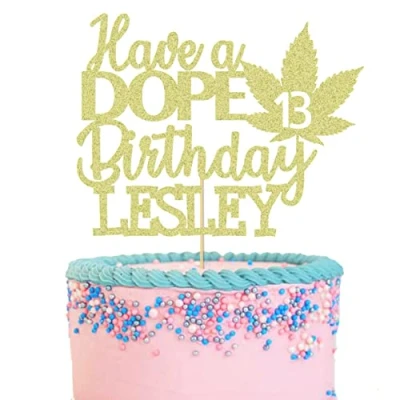 Image of GuteGifts Personalised Have a Dope Birthday Cake Topper Pot Leaf Green Weed Theme Party Decoration for Baby Shower Wedding Custom with Any Name &amp; Age Glitter Card (Gold)